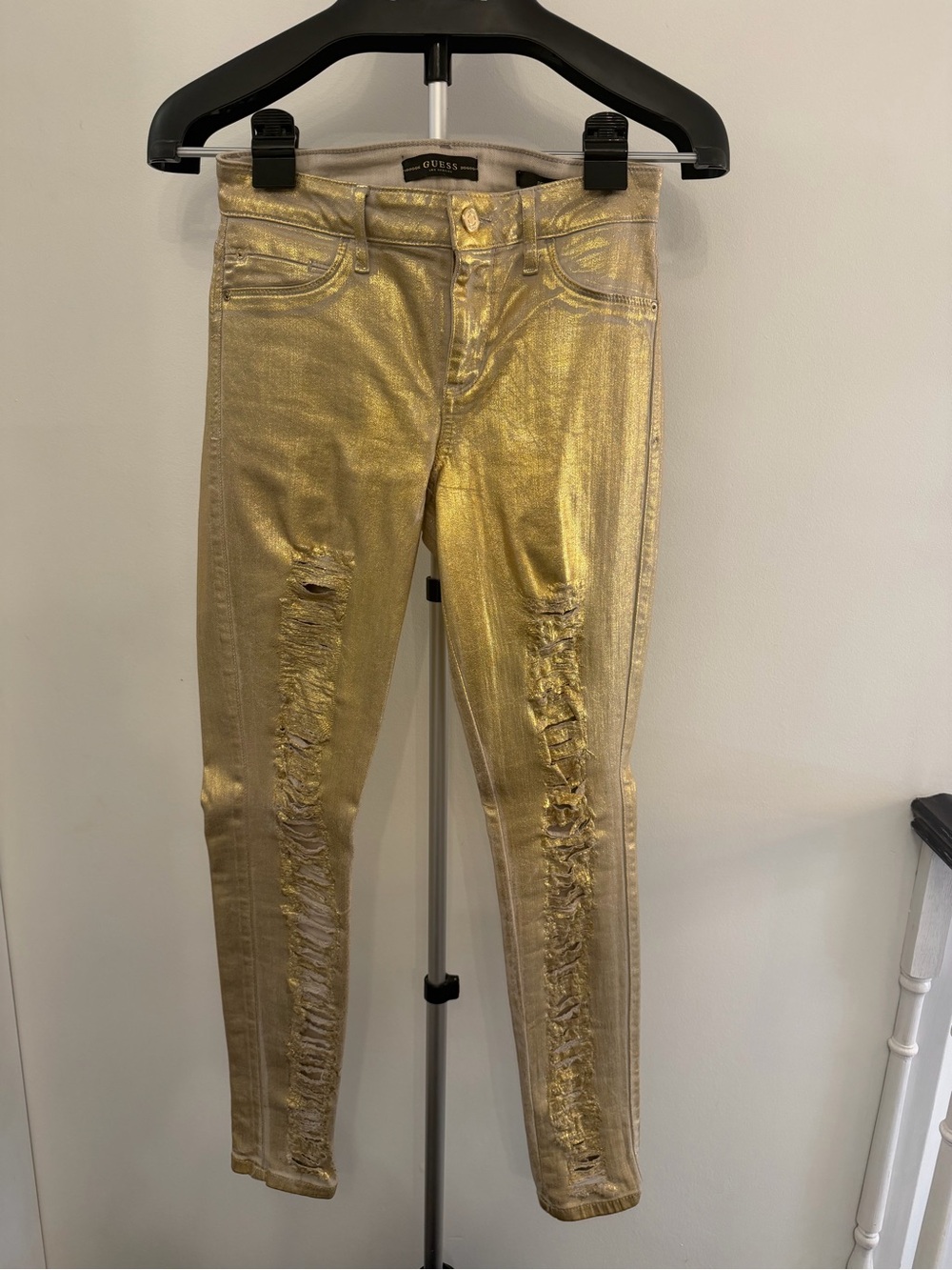 Guess Metallic Gold Distressed Skinny Jeans